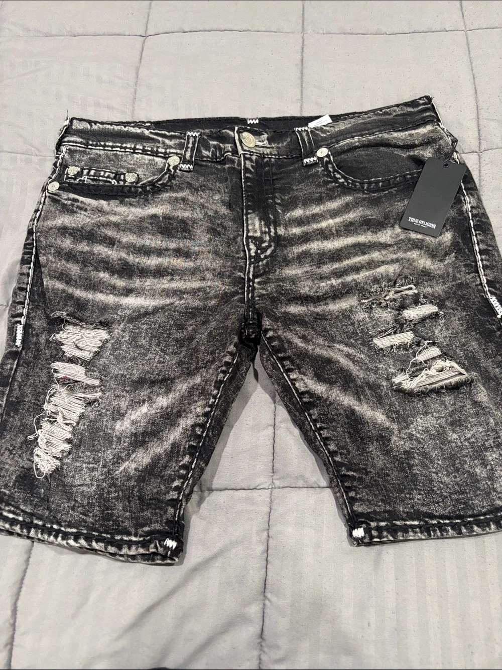 True Religion Black Gray Acid-Wash Denim Shorts